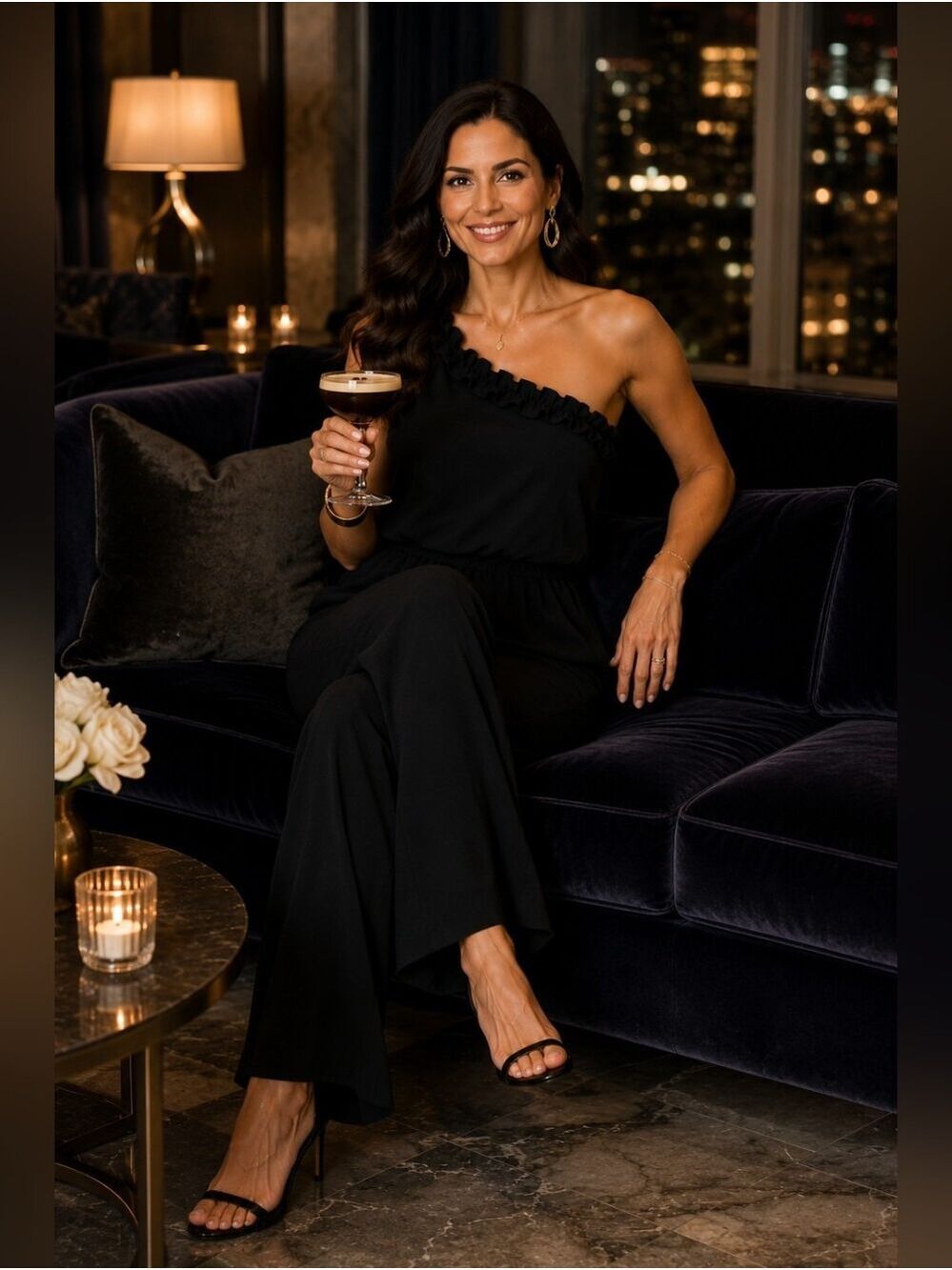 Adrianna Papell Black One-Shoulder Ruffle Wide Leg Jumpsuit Luxe Fashion Size 10 - Picture 6 of 15